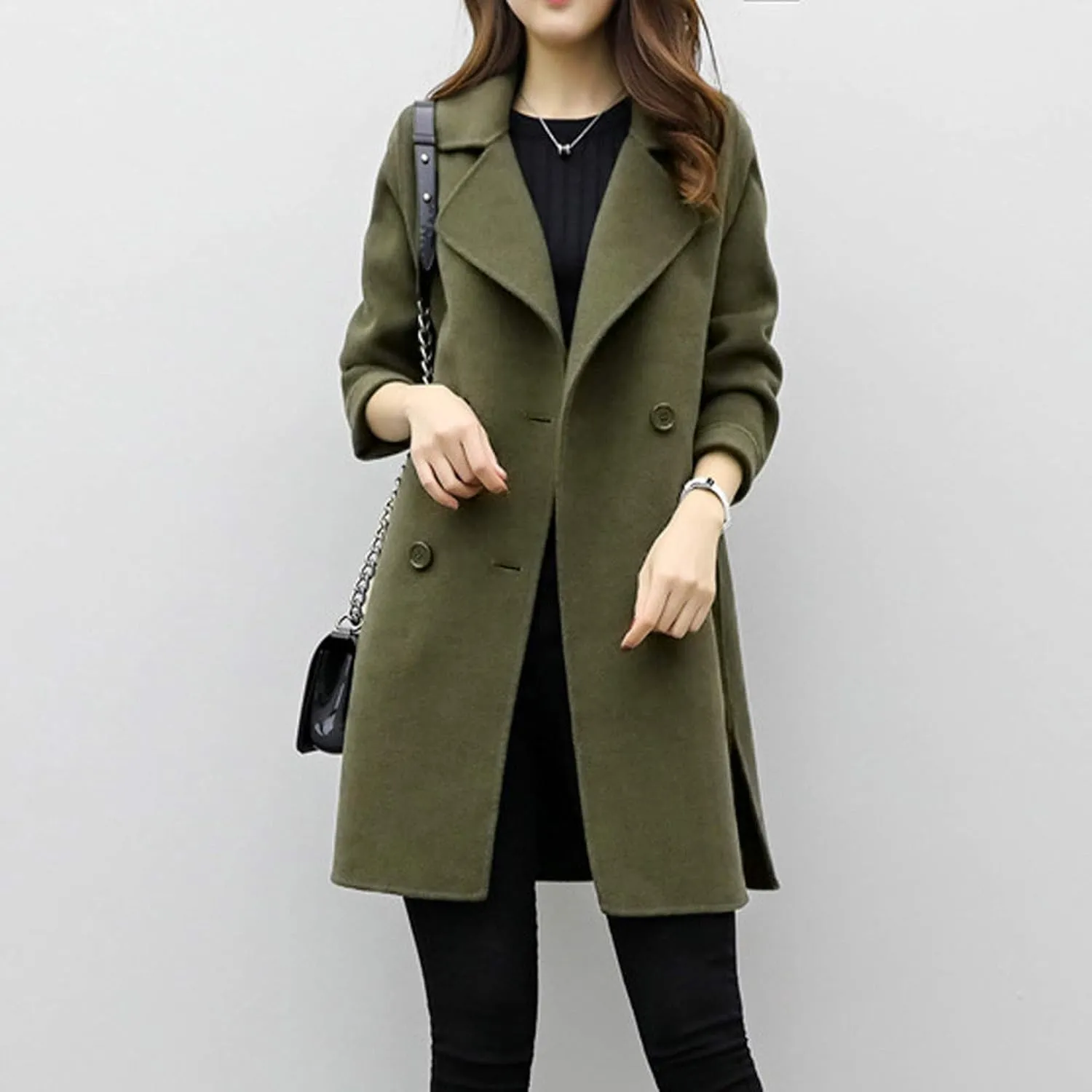 Womens Temperament Solid Trench Coat Long Sleeve Lightweight Overcoat Double Breasted Comfy Slim Outwear Business Suits