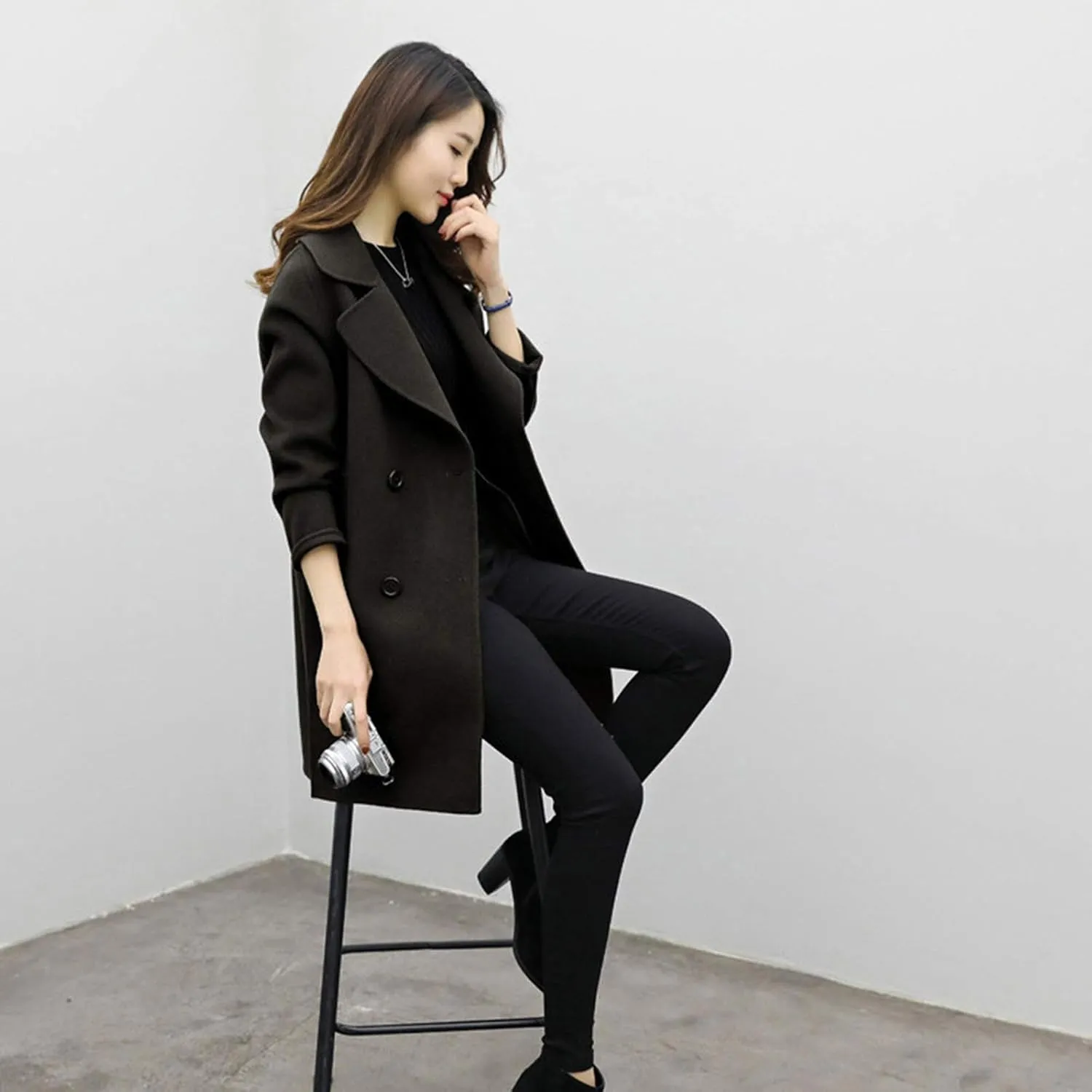 Womens Temperament Solid Trench Coat Long Sleeve Lightweight Overcoat Double Breasted Comfy Slim Outwear Business Suits