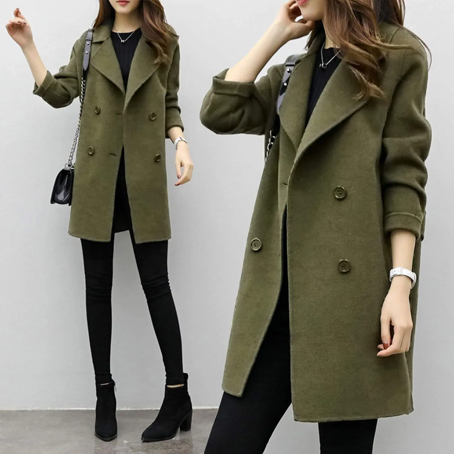 Womens Temperament Solid Trench Coat Long Sleeve Lightweight Overcoat Double Breasted Comfy Slim Outwear Business Suits
