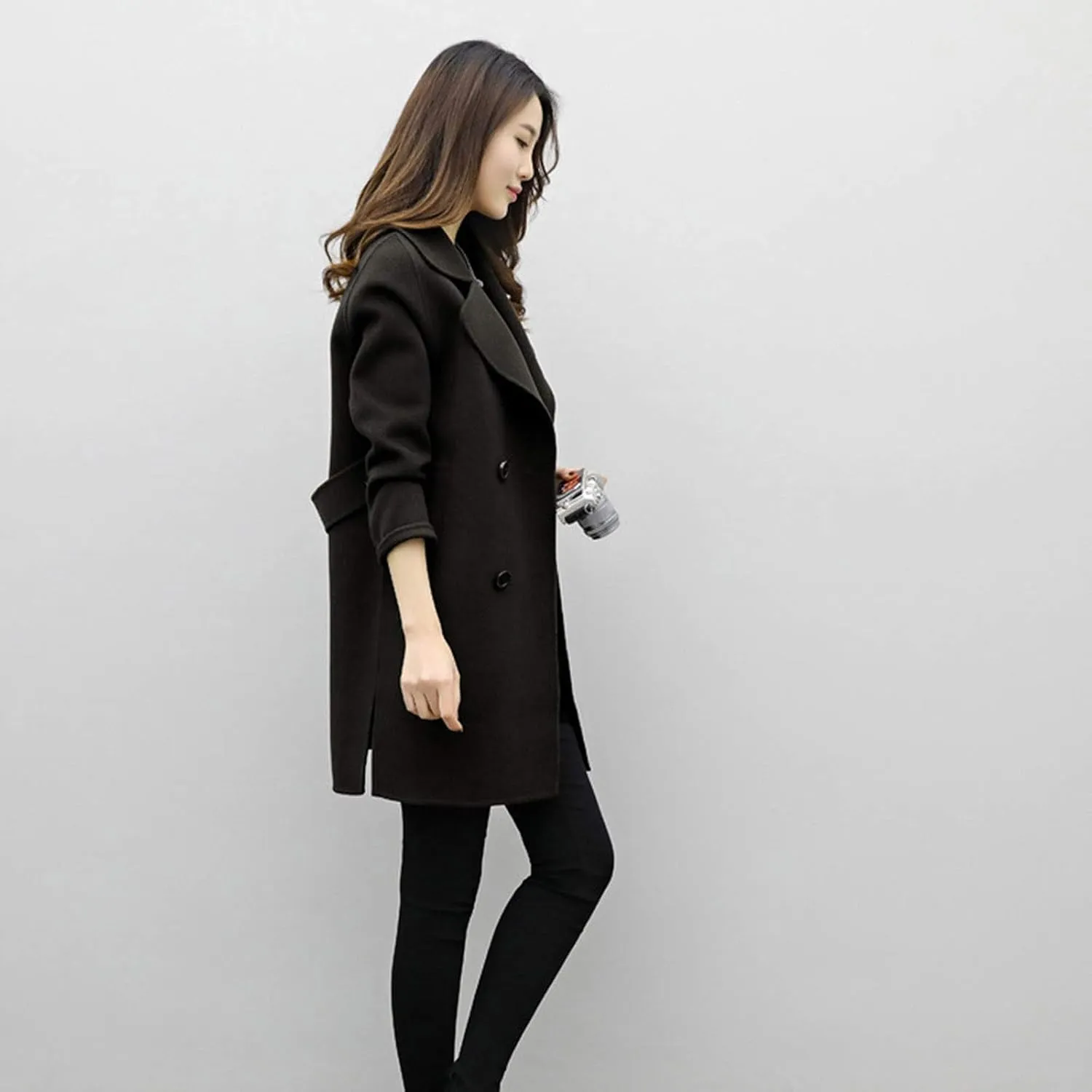 Womens Temperament Solid Trench Coat Long Sleeve Lightweight Overcoat Double Breasted Comfy Slim Outwear Business Suits
