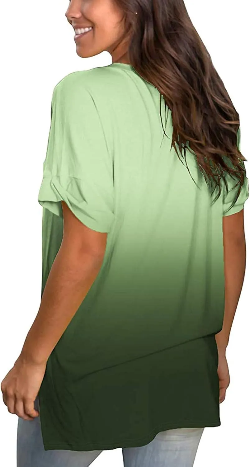 Womens Tops Casual Gradient T-Shirt Comfy Loose Tees V-Neck Tunic Top Short Sleeve Shirts Stripe Pullover Blouse