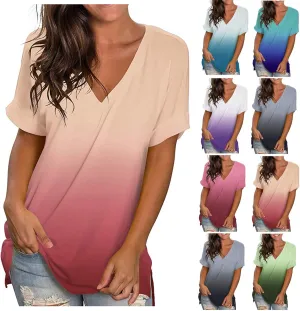 Womens Tops Casual Gradient T-Shirt Comfy Loose Tees V-Neck Tunic Top Short Sleeve Shirts Stripe Pullover Blouse