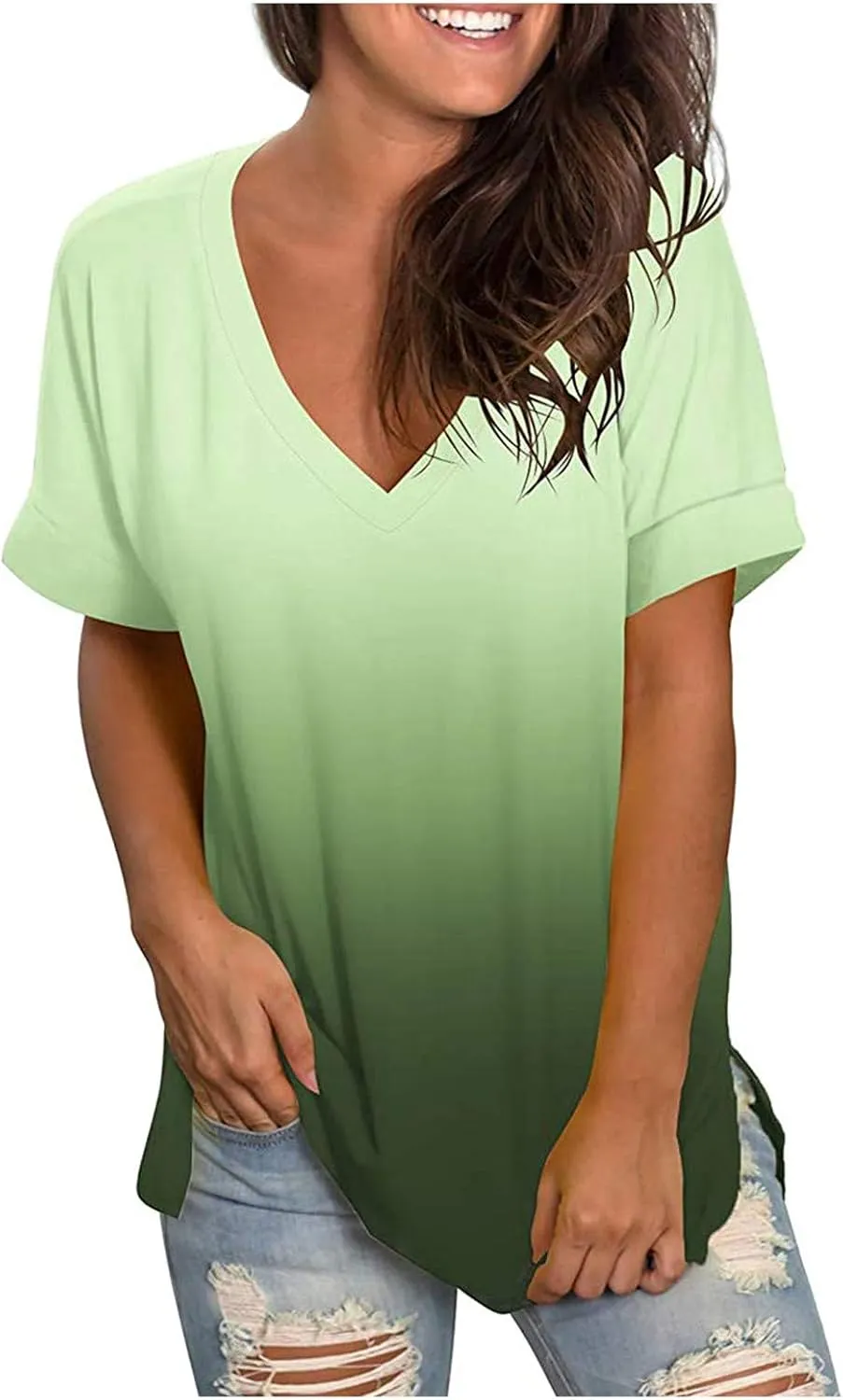 Womens Tops Casual Gradient T-Shirt Comfy Loose Tees V-Neck Tunic Top Short Sleeve Shirts Stripe Pullover Blouse