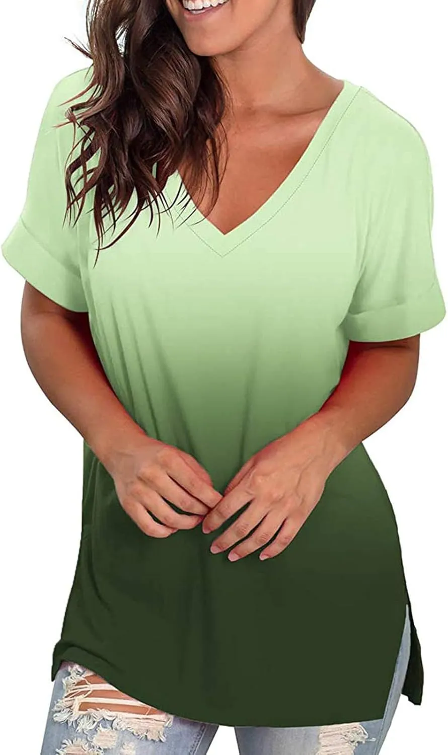 Womens Tops Casual Gradient T-Shirt Comfy Loose Tees V-Neck Tunic Top Short Sleeve Shirts Stripe Pullover Blouse