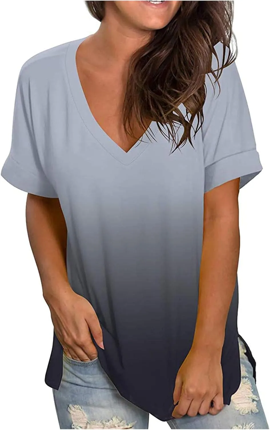 Womens Tops Casual Gradient T-Shirt Comfy Loose Tees V-Neck Tunic Top Short Sleeve Shirts Stripe Pullover Blouse