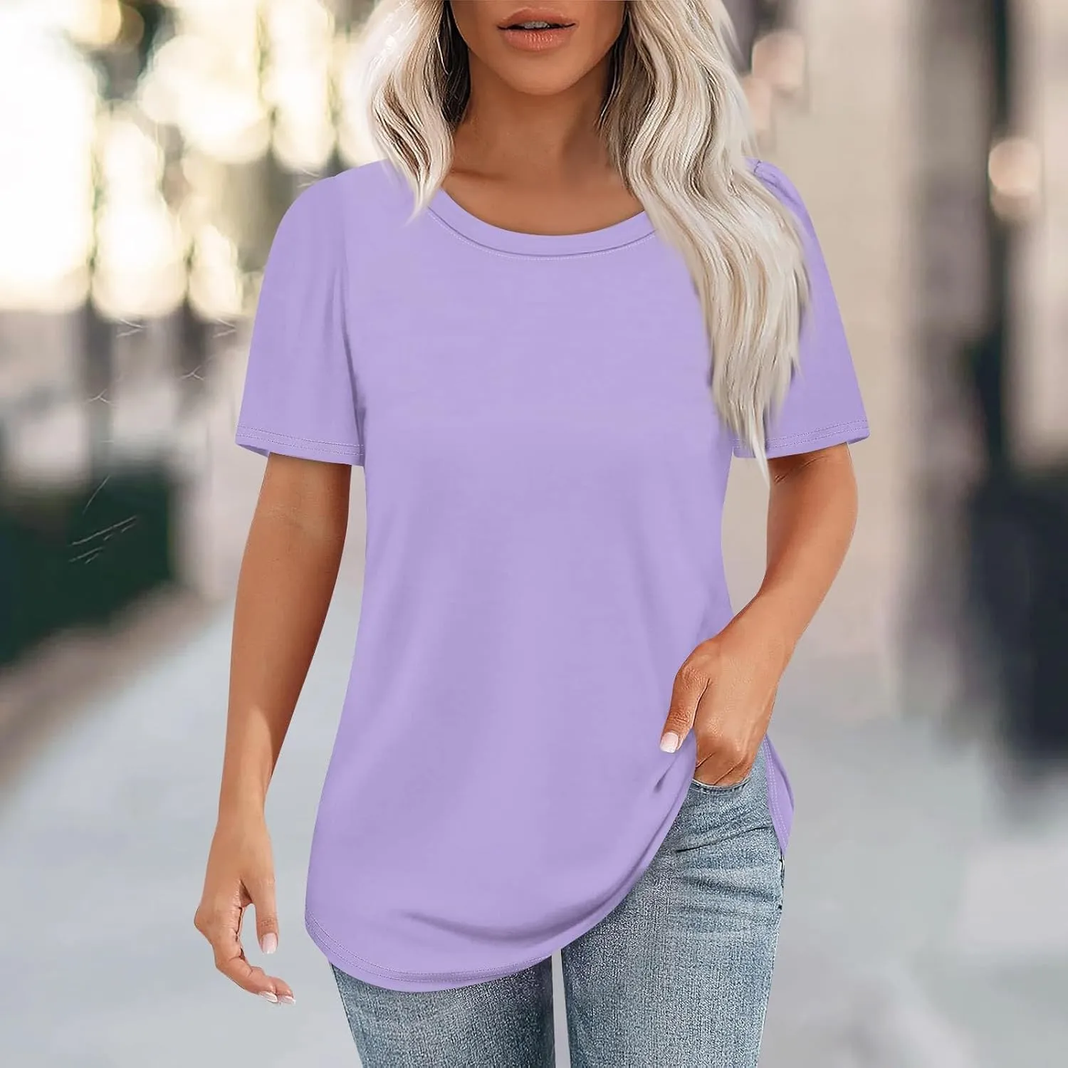 Womens Tops Dressy Casual Short Sleeve Round Neck Summer Shirts 2025 Blouses Lightweight Tees Trendy Plus Size Clothes