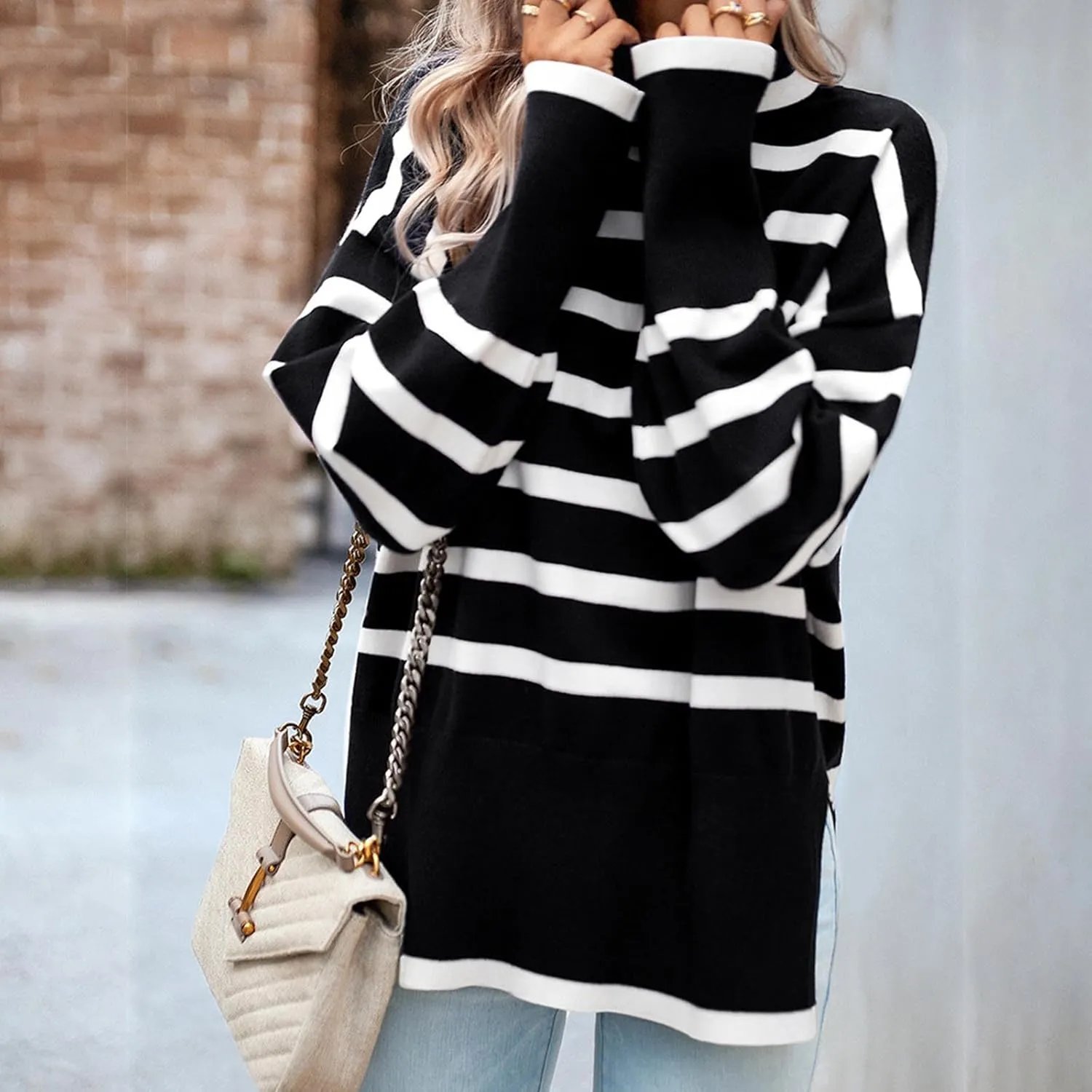 Women's Trendy Fall Winter Striped Long Sleeve Turtleneck Side Slits Sweater Knit Casual Oversized Loose Pullover Tops