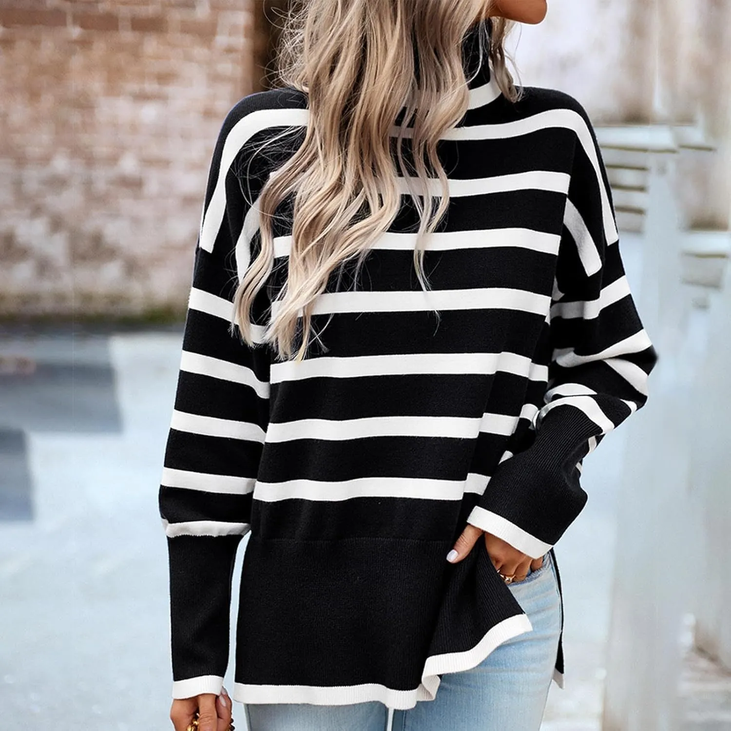 Women's Trendy Fall Winter Striped Long Sleeve Turtleneck Side Slits Sweater Knit Casual Oversized Loose Pullover Tops