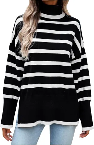 Women's Trendy Fall Winter Striped Long Sleeve Turtleneck Side Slits Sweater Knit Casual Oversized Loose Pullover Tops