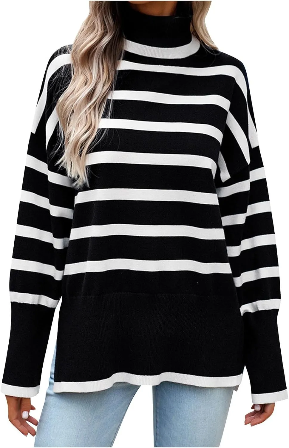 Women's Trendy Fall Winter Striped Long Sleeve Turtleneck Side Slits Sweater Knit Casual Oversized Loose Pullover Tops