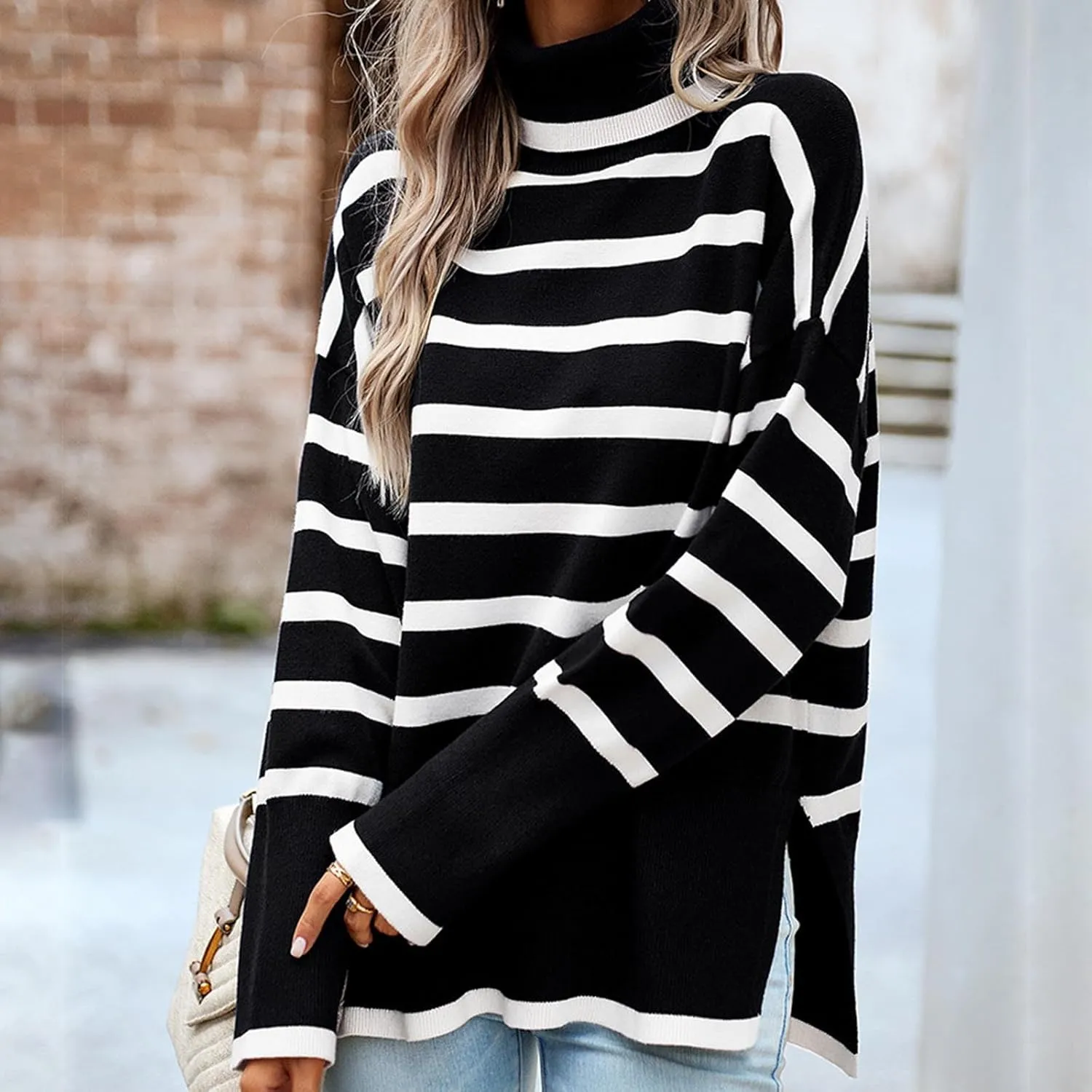 Women's Trendy Fall Winter Striped Long Sleeve Turtleneck Side Slits Sweater Knit Casual Oversized Loose Pullover Tops