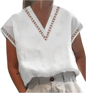 Womens Tshirts Cotton Linen Fashion Slim Fit High Neck Cap Sleeve Lace Shirt Summer Casual Sexy Cotton Linen Blouses