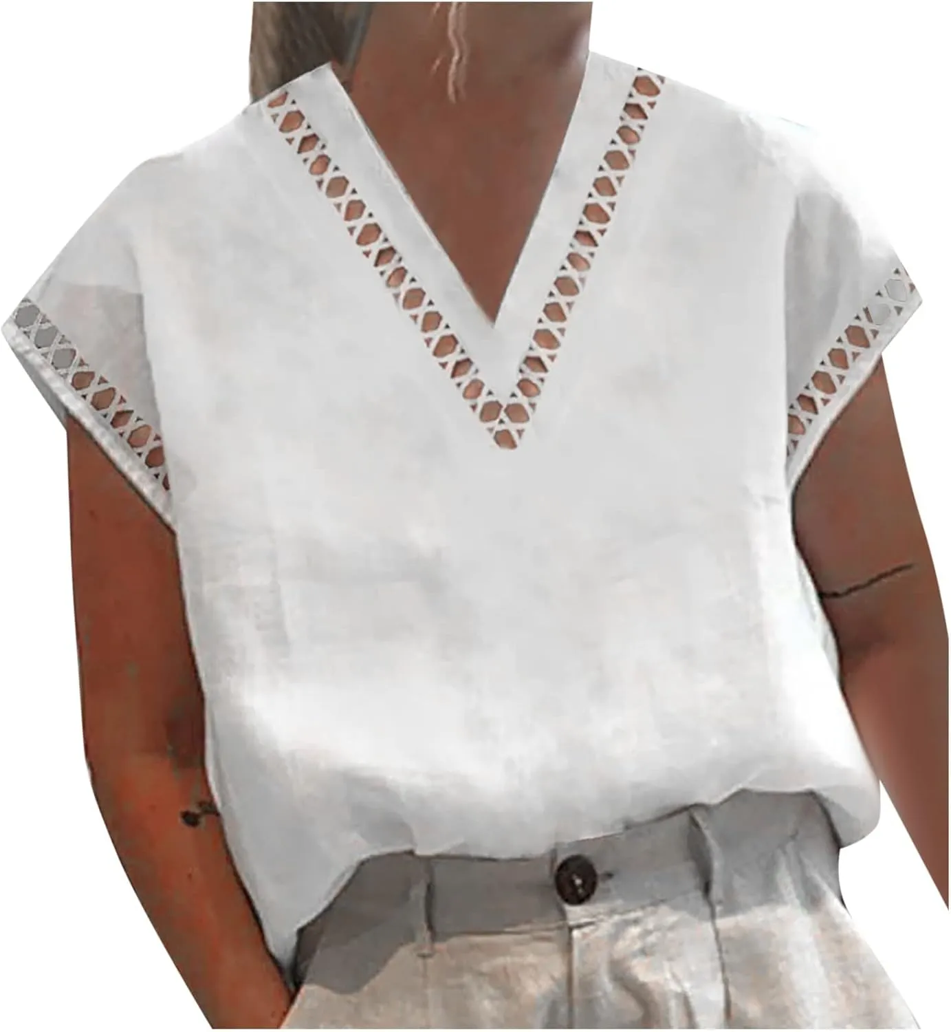 Womens Tshirts Cotton Linen Fashion Slim Fit High Neck Cap Sleeve Lace Shirt Summer Casual Sexy Cotton Linen Blouses