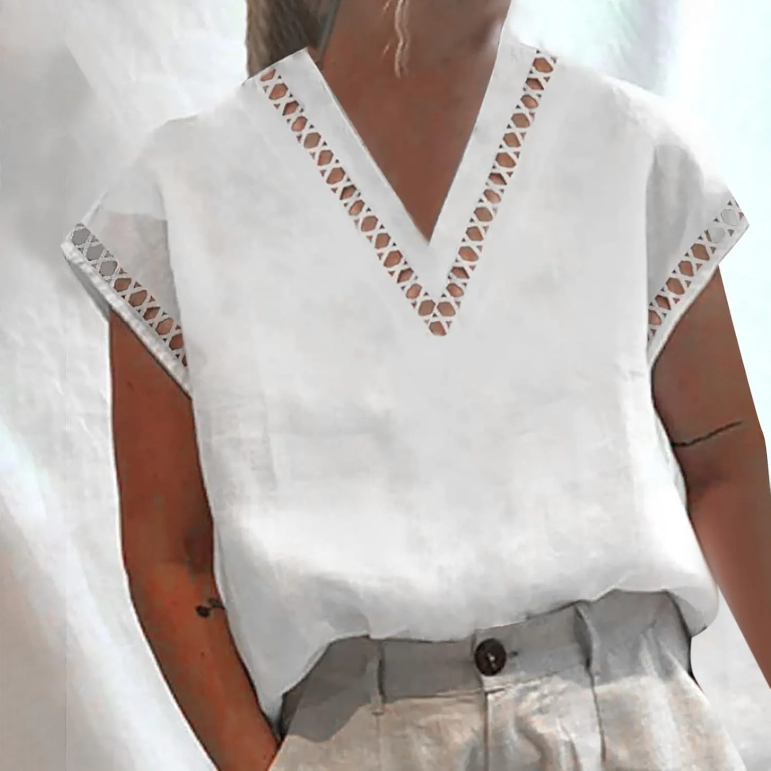 Womens Tshirts Cotton Linen Fashion Slim Fit High Neck Cap Sleeve Lace Shirt Summer Casual Sexy Cotton Linen Blouses