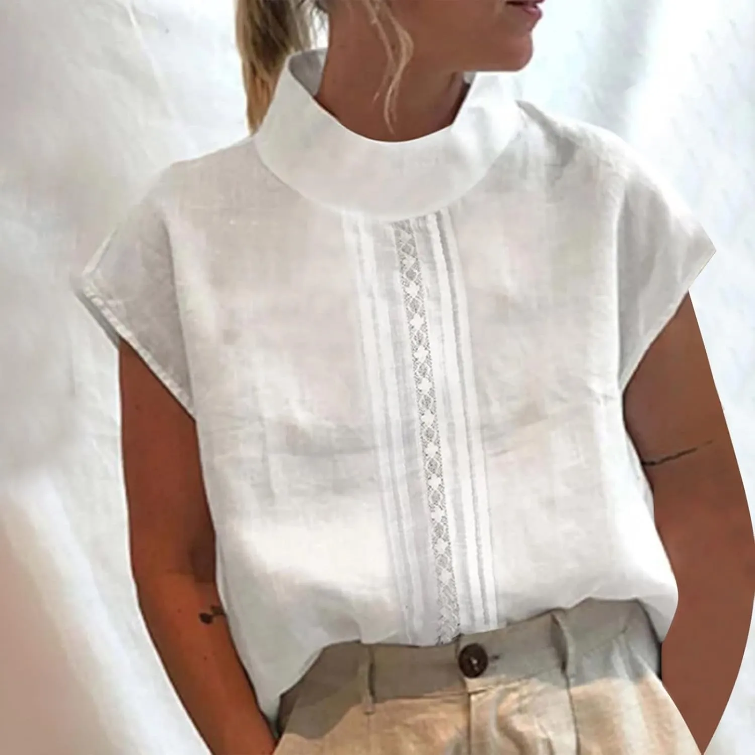 Womens Tshirts Cotton Linen Fashion Slim Fit High Neck Cap Sleeve Lace Shirt Summer Casual Sexy Cotton Linen Blouses