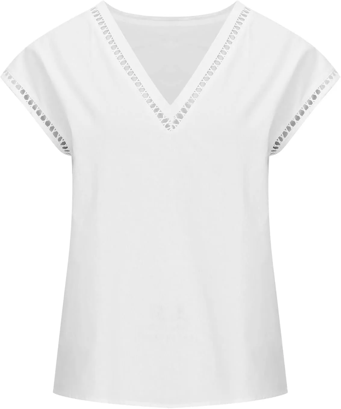 Womens Tshirts Cotton Linen Fashion Slim Fit High Neck Cap Sleeve Lace Shirt Summer Casual Sexy Cotton Linen Blouses