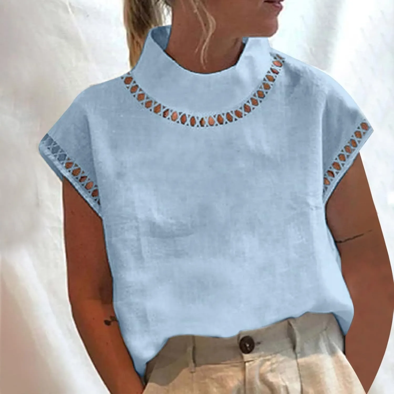 Womens Tshirts Cotton Linen Fashion Slim Fit High Neck Cap Sleeve Lace Shirt Summer Casual Sexy Cotton Linen Blouses
