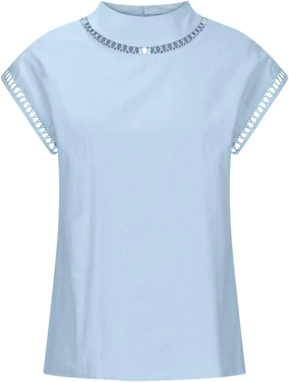 Womens Tshirts Cotton Linen Fashion Slim Fit High Neck Cap Sleeve Lace Shirt Summer Casual Sexy Cotton Linen Blouses