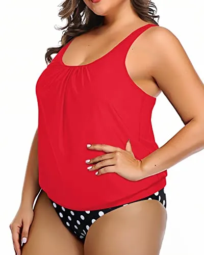 Women's Tummy Control Bathing Suit Blouson Tankini Swimsuit-Red Dot