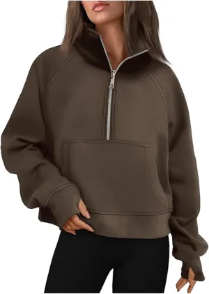 Womens Turtleneck Sweatshirts Solid Color Long Sleeve Pocket Casual Comfy Half Zip Cropped Pullover Fashion 2024