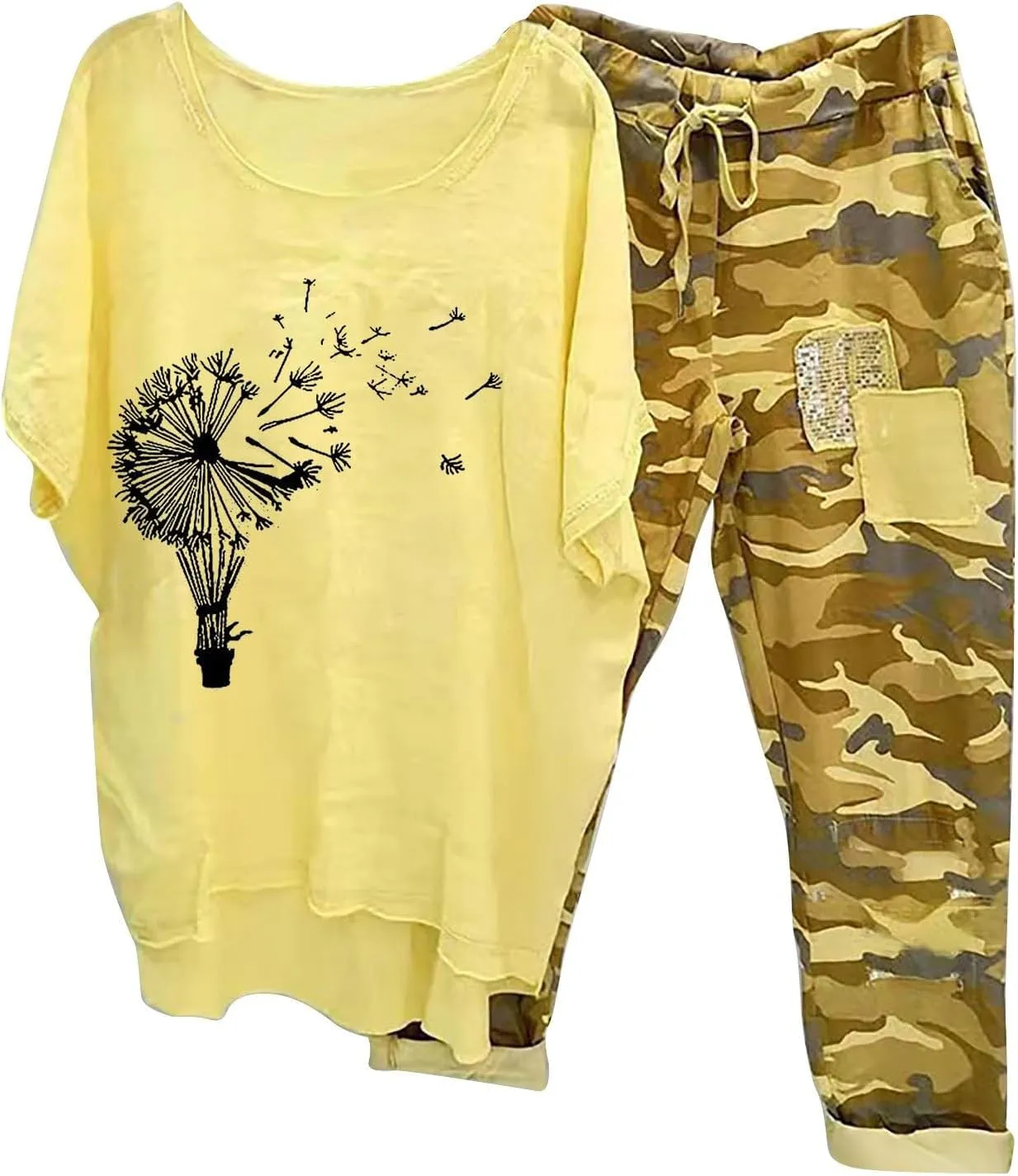 Womens Two Piece Sets Summer Linen Elbow Sleeve Tops Camouflage Jogger Pants Matching 2 Piece Outfits Lounge Tracksuit
