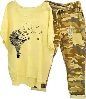Womens Two Piece Sets Summer Linen Elbow Sleeve Tops Camouflage Jogger Pants Matching 2 Piece Outfits Lounge Tracksuit
