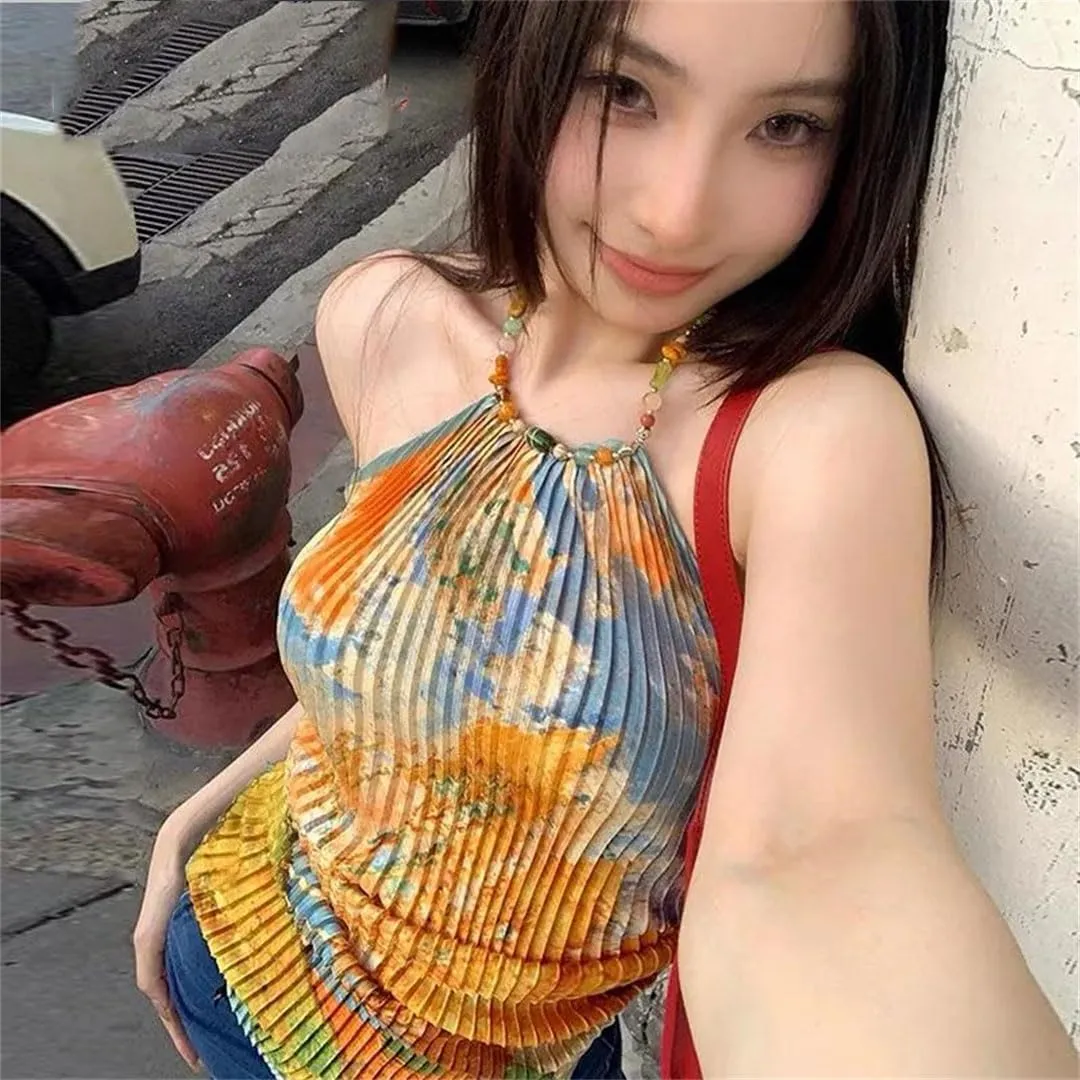 Women's Vintage Tank Tops Sleeveless Tie Dye Camis Y2k Retro Tops Japanese Tank