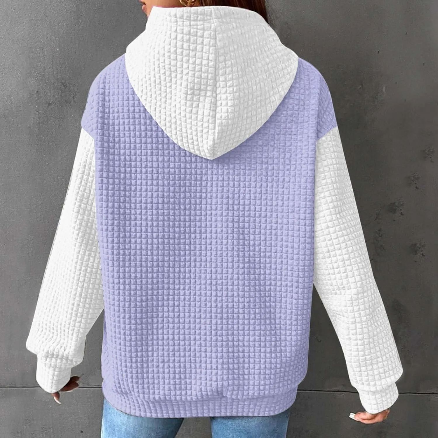 Womens Waffle Knit Hooded Sweatshirts Casual Long Sleeve Ladies Sweatshirts Tops Color Patchwork Hoodies Tops
