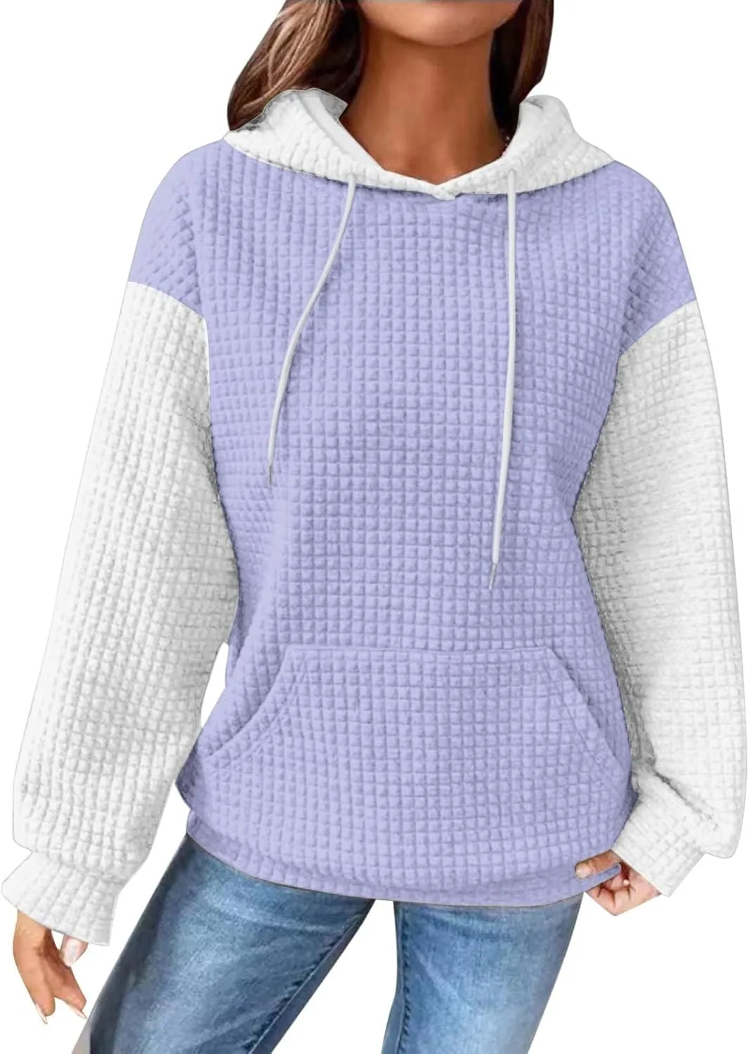 Womens Waffle Knit Hooded Sweatshirts Casual Long Sleeve Ladies Sweatshirts Tops Color Patchwork Hoodies Tops