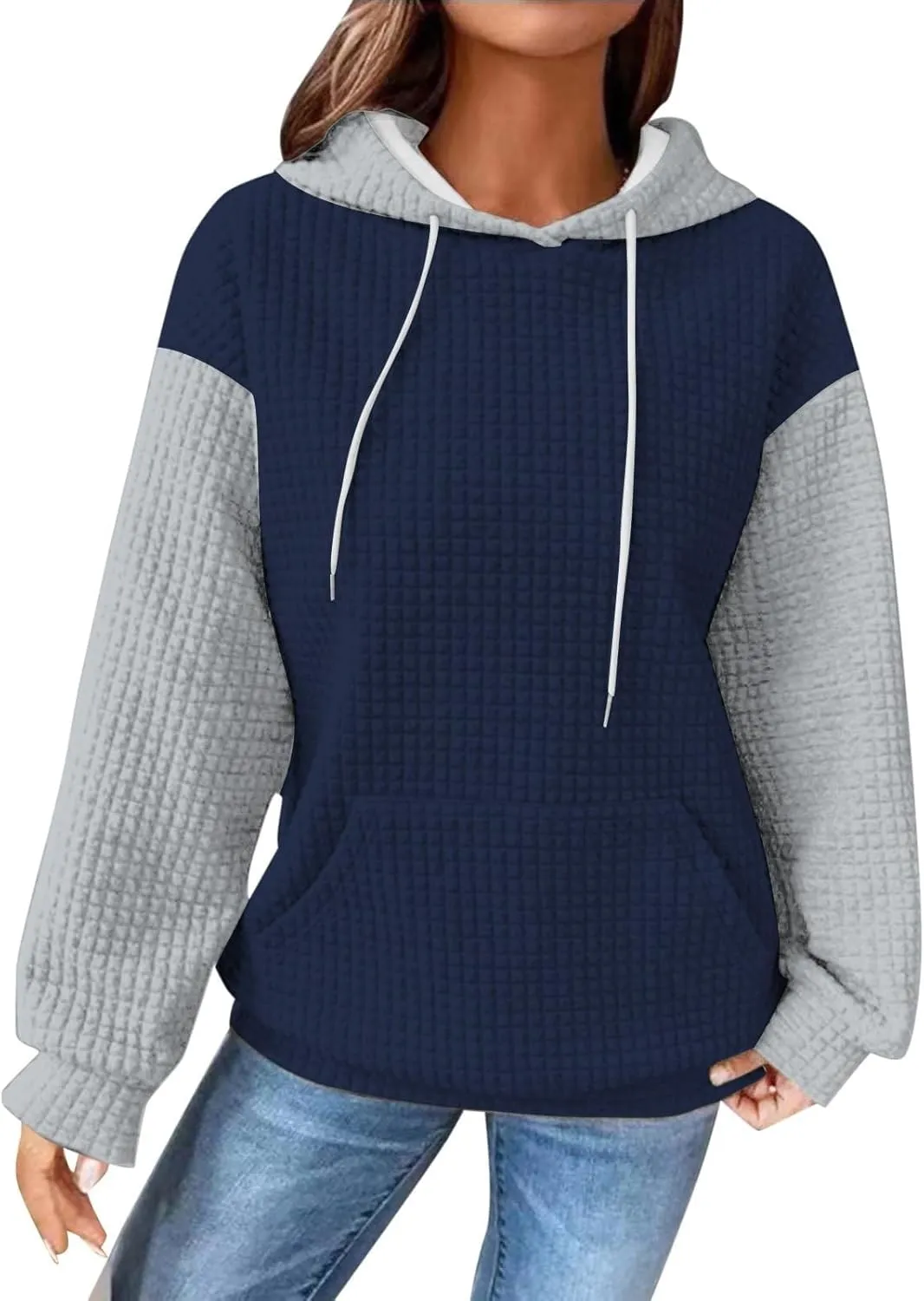 Womens Waffle Knit Hooded Sweatshirts Casual Long Sleeve Ladies Sweatshirts Tops Color Patchwork Hoodies Tops