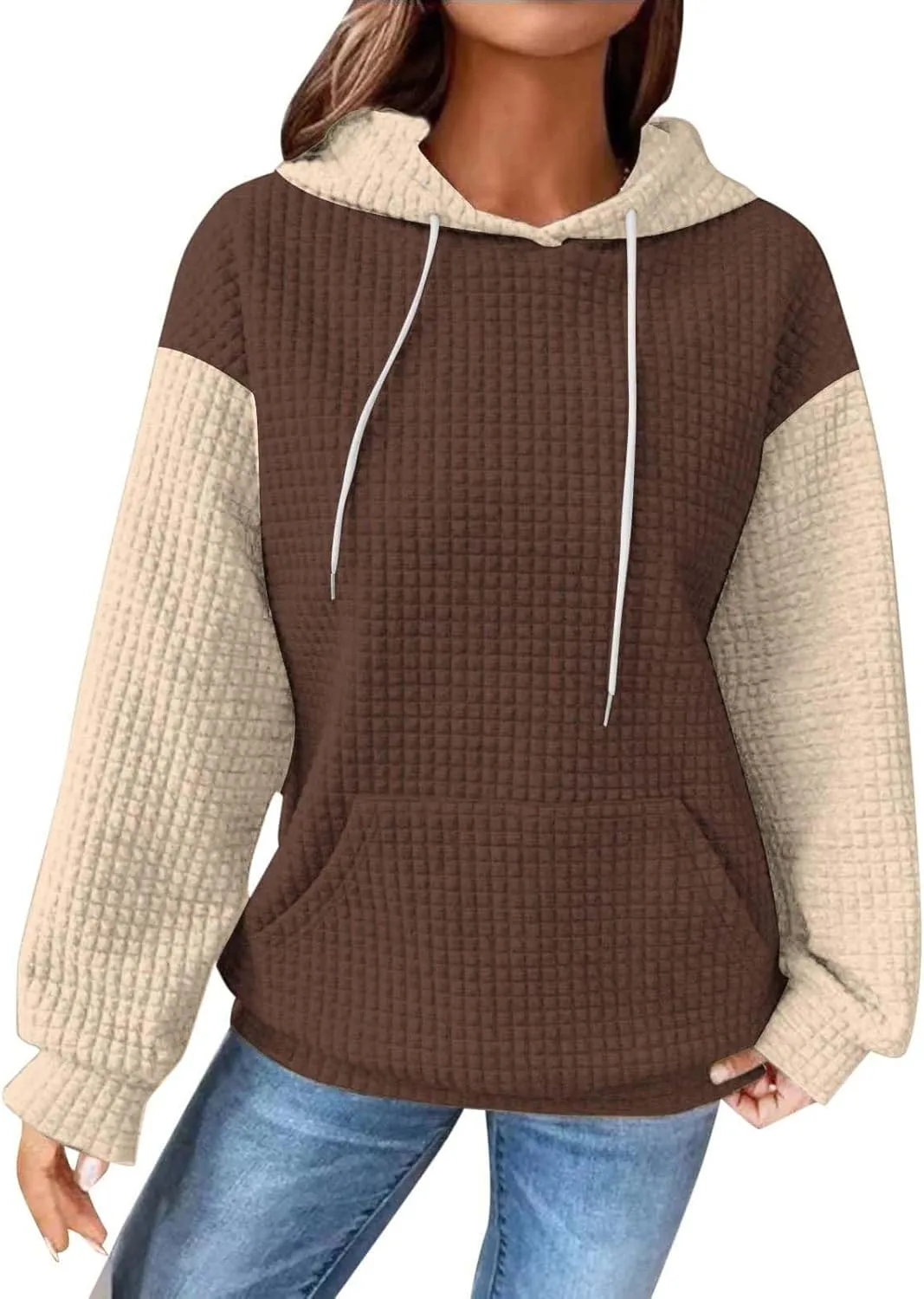 Womens Waffle Knit Hooded Sweatshirts Casual Long Sleeve Ladies Sweatshirts Tops Color Patchwork Hoodies Tops