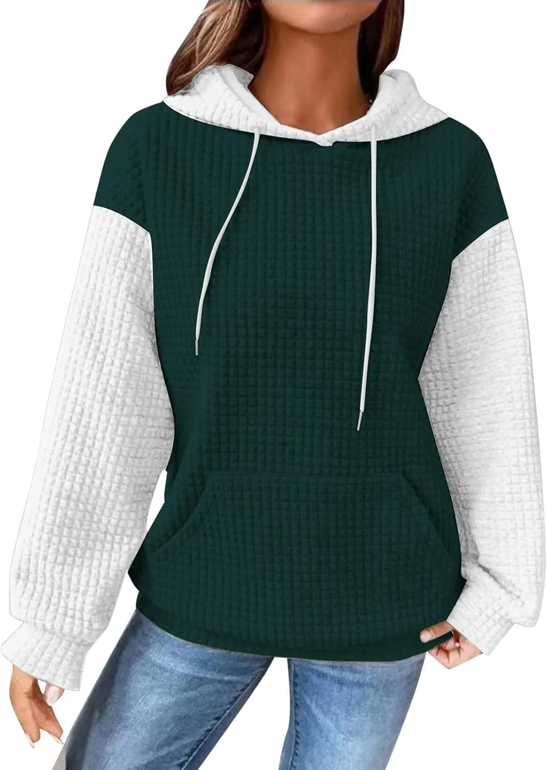 Womens Waffle Knit Hooded Sweatshirts Casual Long Sleeve Ladies Sweatshirts Tops Color Patchwork Hoodies Tops
