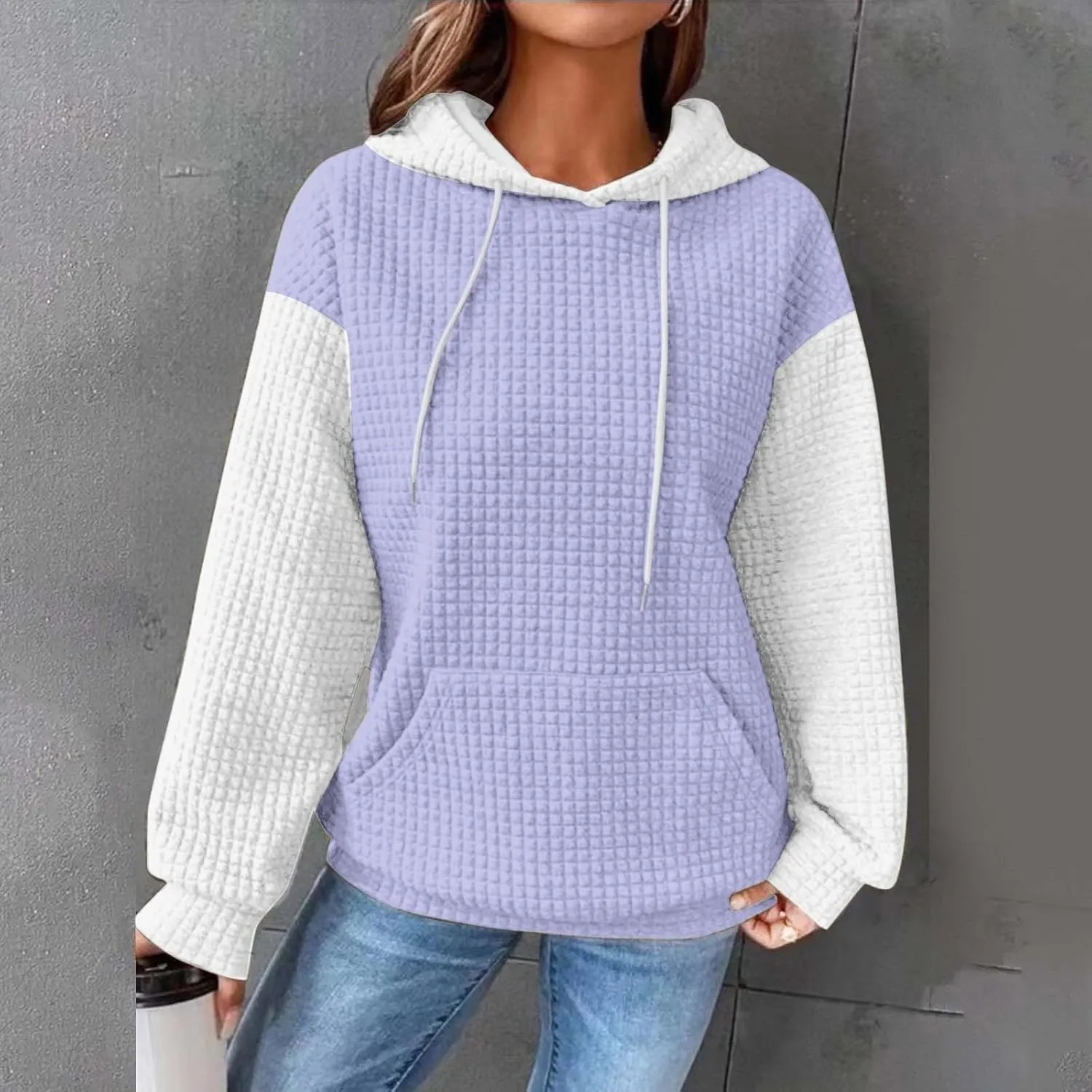 Womens Waffle Knit Hooded Sweatshirts Casual Long Sleeve Ladies Sweatshirts Tops Color Patchwork Hoodies Tops