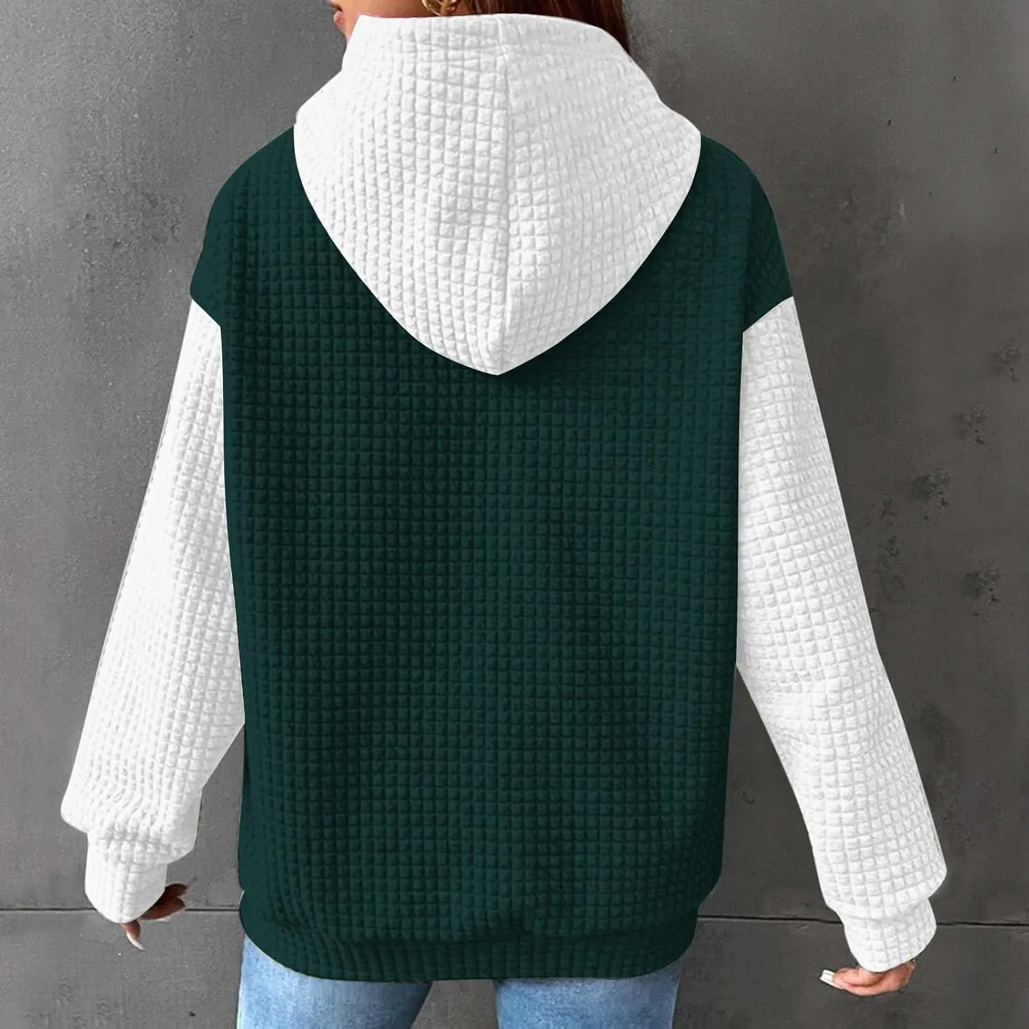 Womens Waffle Knit Hooded Sweatshirts Casual Long Sleeve Ladies Sweatshirts Tops Color Patchwork Hoodies Tops