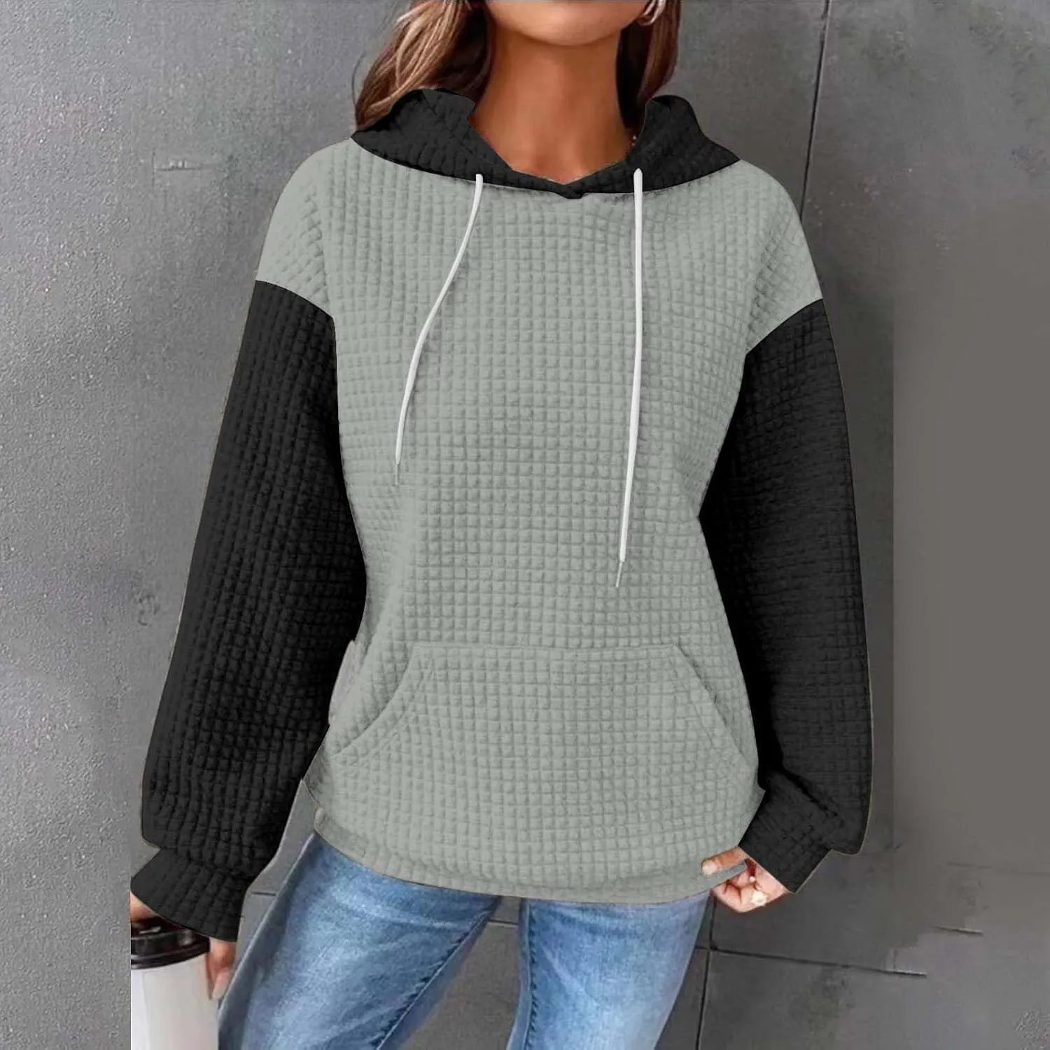 Womens Waffle Knit Hooded Sweatshirts Casual Long Sleeve Ladies Sweatshirts Tops Color Patchwork Hoodies Tops