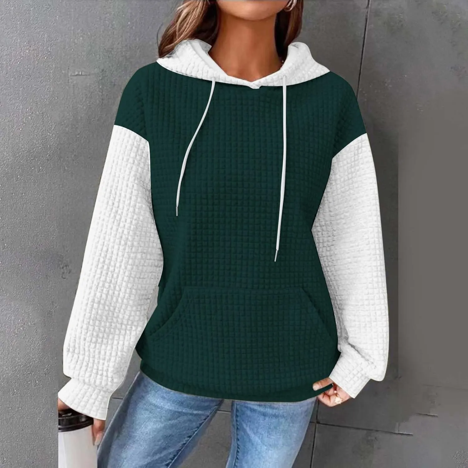 Womens Waffle Knit Hooded Sweatshirts Casual Long Sleeve Ladies Sweatshirts Tops Color Patchwork Hoodies Tops