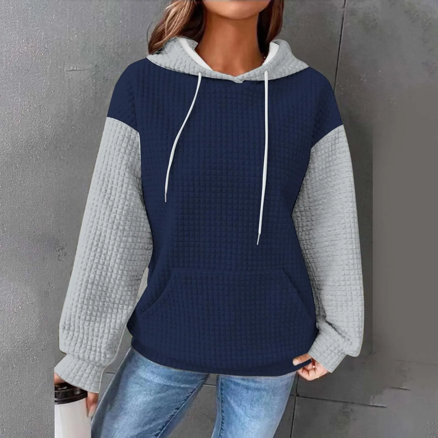 Womens Waffle Knit Hooded Sweatshirts Casual Long Sleeve Ladies Sweatshirts Tops Color Patchwork Hoodies Tops
