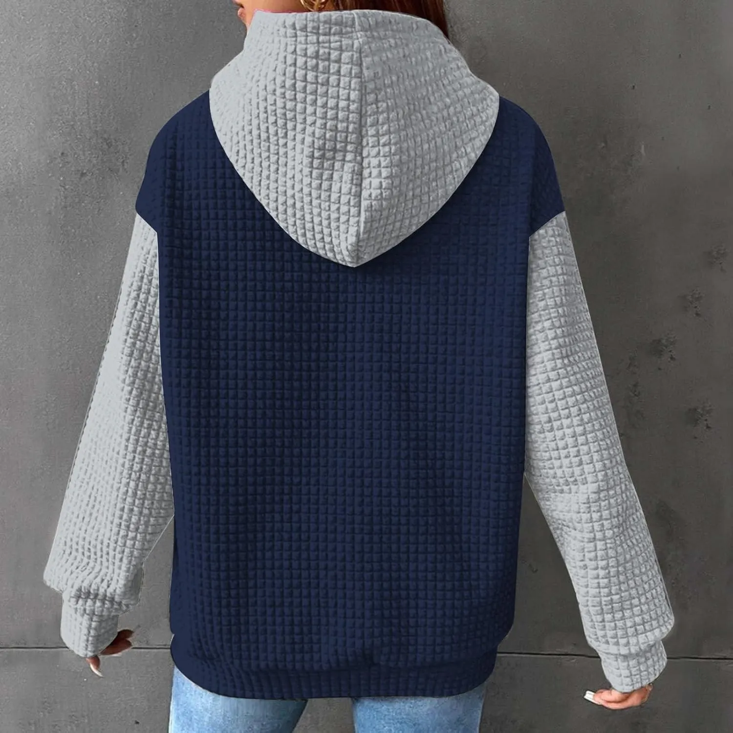 Womens Waffle Knit Hooded Sweatshirts Casual Long Sleeve Ladies Sweatshirts Tops Color Patchwork Hoodies Tops