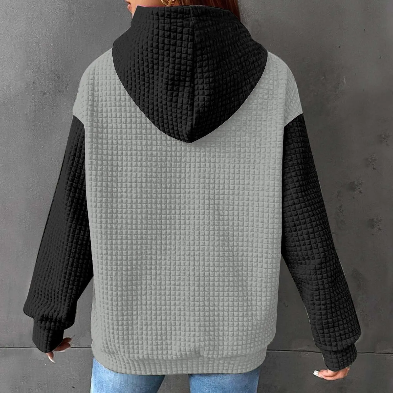 Womens Waffle Knit Hooded Sweatshirts Casual Long Sleeve Ladies Sweatshirts Tops Color Patchwork Hoodies Tops