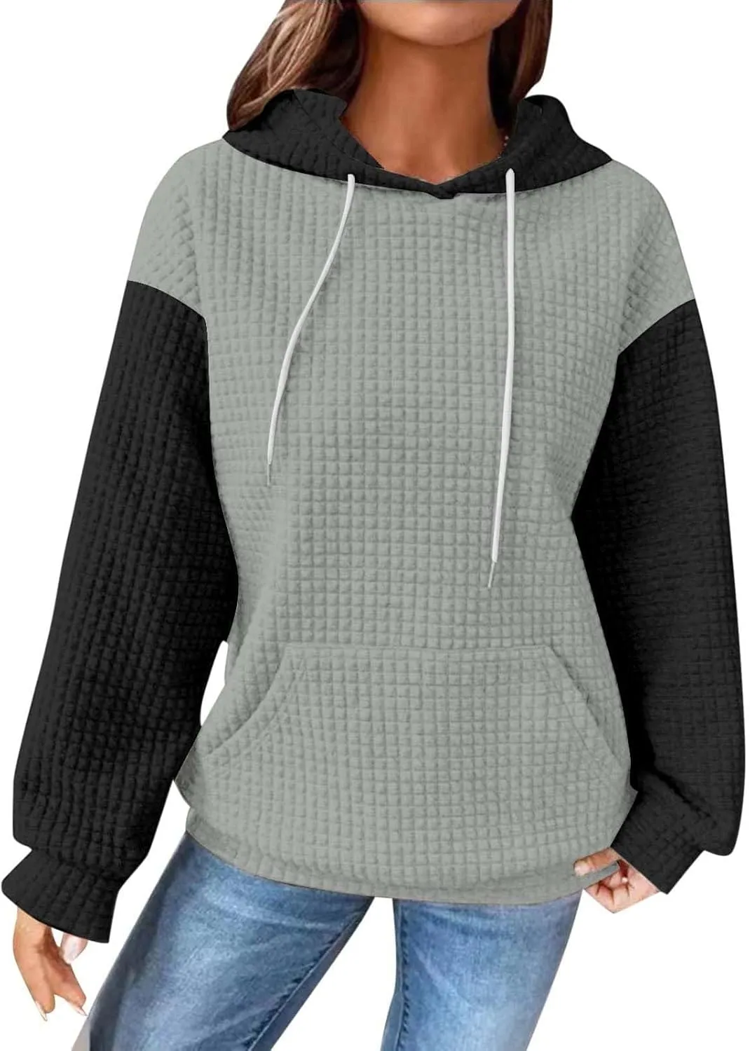 Womens Waffle Knit Hooded Sweatshirts Casual Long Sleeve Ladies Sweatshirts Tops Color Patchwork Hoodies Tops