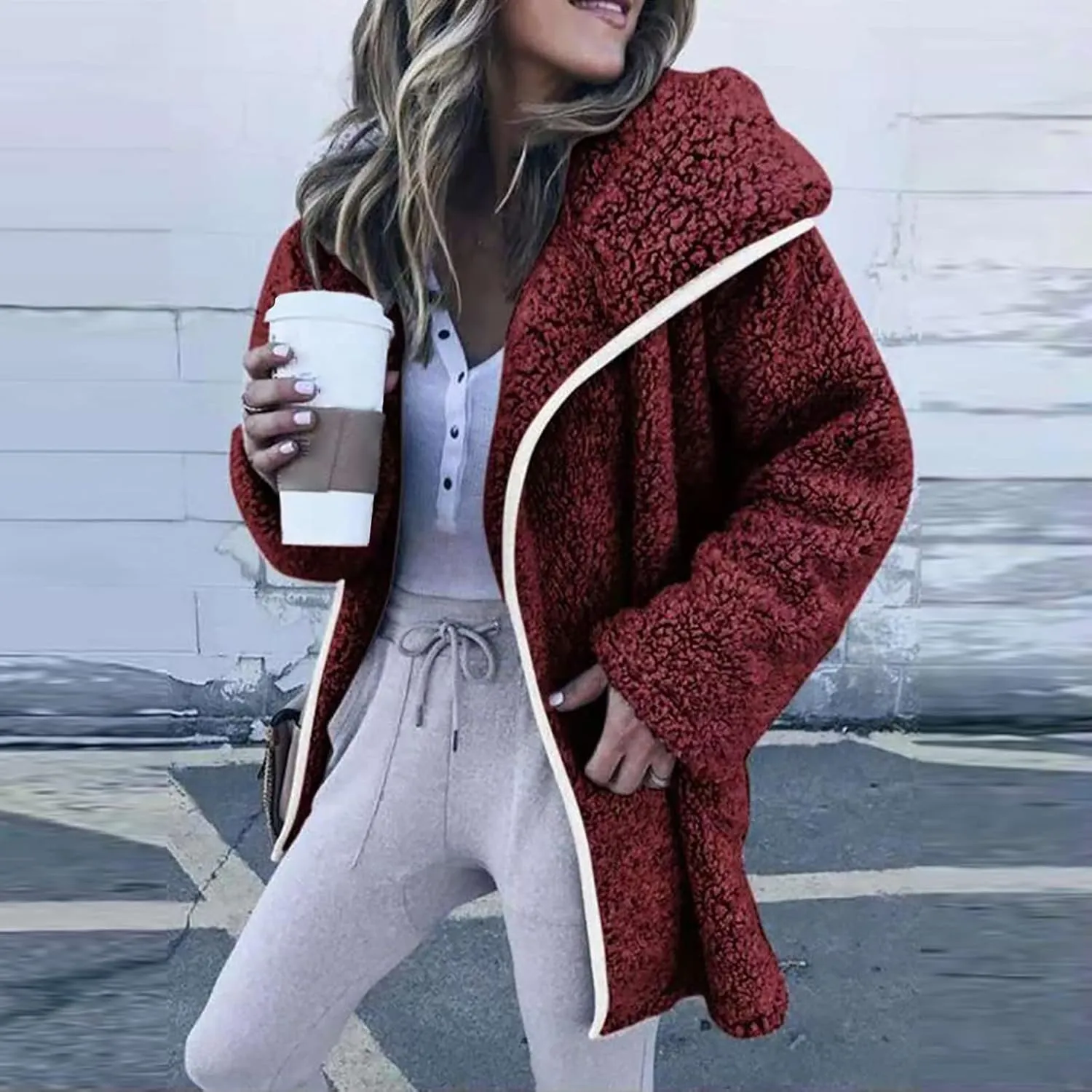 Womens Warm Winter Coats Fashion Faux Coat Cardigan Solid Lamb Cashmere Sherpa Jackets Long Sleeve Outerwear