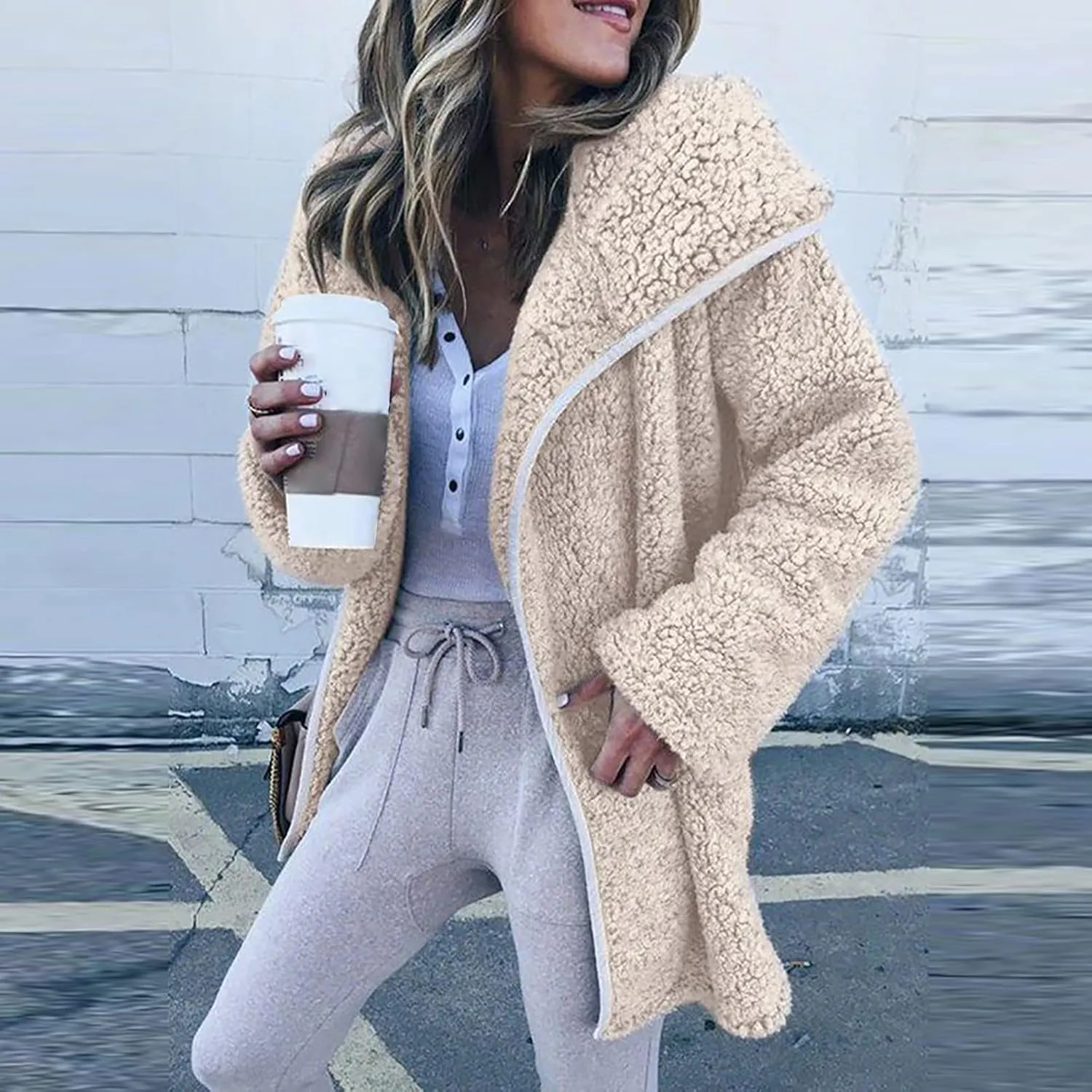 Womens Warm Winter Coats Fashion Faux Coat Cardigan Solid Lamb Cashmere Sherpa Jackets Long Sleeve Outerwear