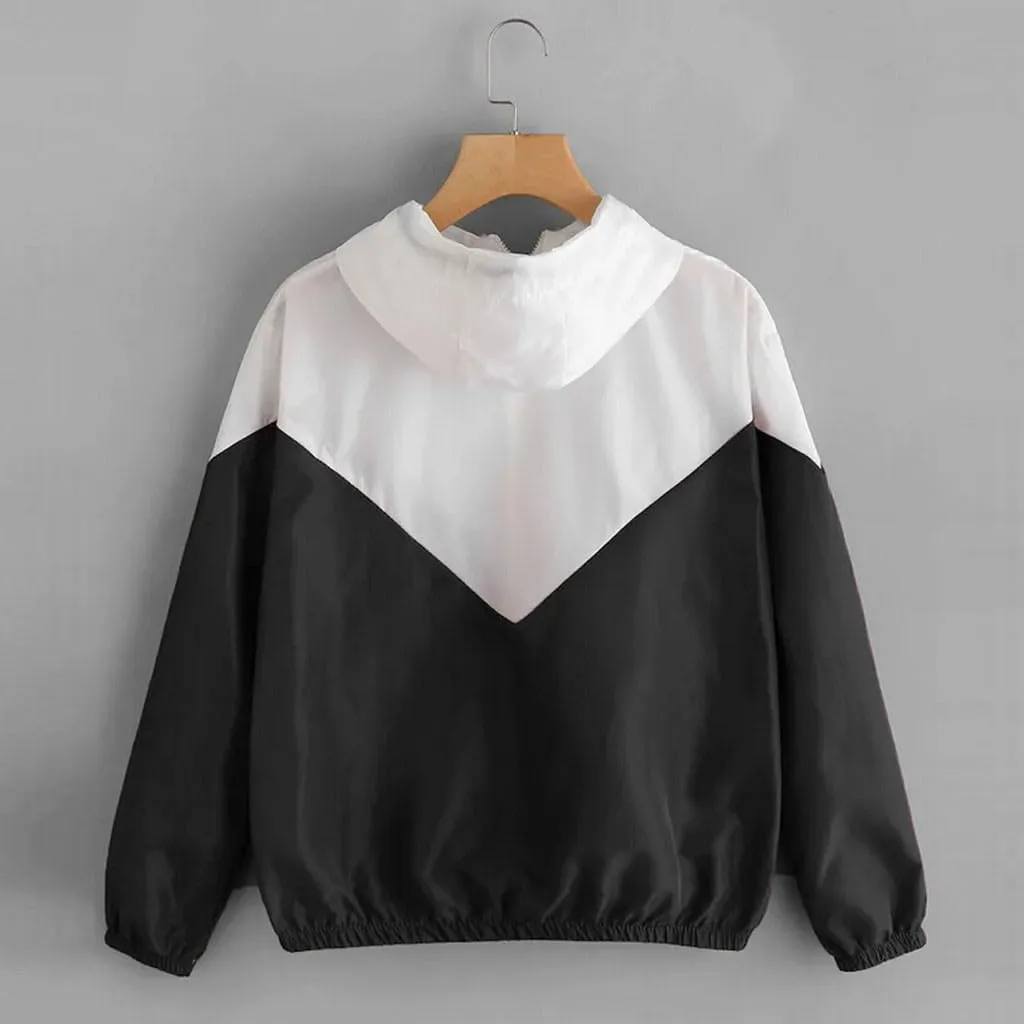 Women's Waterproof Rain Jackets Lightweight Hooded Color Block Windbreaker Active Outdoor Coat Zip Long Sleeve Top