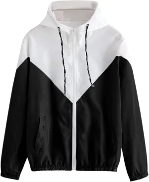 Women's Waterproof Rain Jackets Lightweight Hooded Color Block Windbreaker Active Outdoor Coat Zip Long Sleeve Top