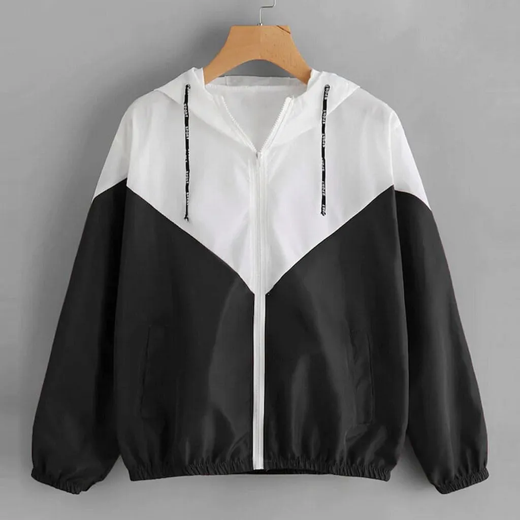 Women's Waterproof Rain Jackets Lightweight Hooded Color Block Windbreaker Active Outdoor Coat Zip Long Sleeve Top