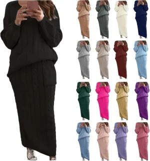 Women's Winter Chunky Cable Knit Set Long Sleeve Crew Neck Sweater Top & Long Pencil Skirt Sets Casual 2 Piece Outfits