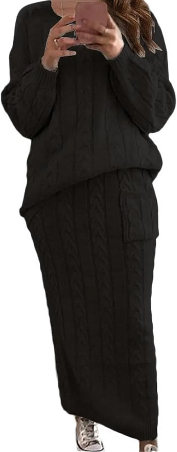Women's Winter Chunky Cable Knit Set Long Sleeve Crew Neck Sweater Top & Long Pencil Skirt Sets Casual 2 Piece Outfits