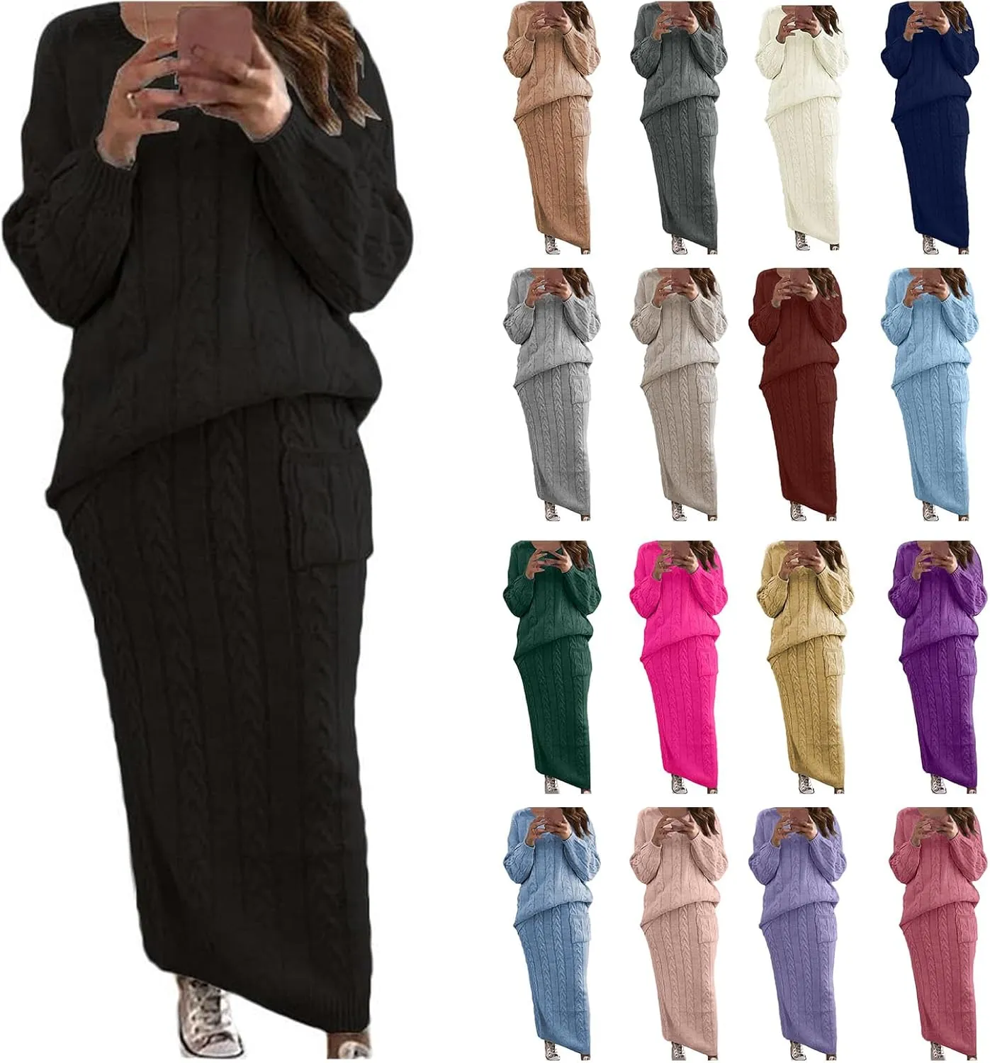 Women's Winter Chunky Cable Knit Set Long Sleeve Crew Neck Sweater Top & Long Pencil Skirt Sets Casual 2 Piece Outfits