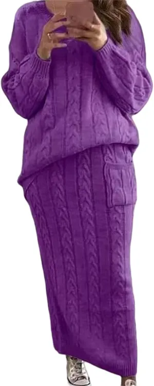 Women's Winter Chunky Cable Knit Set Long Sleeve Crew Neck Sweater Top & Long Pencil Skirt Sets Casual 2 Piece Outfits