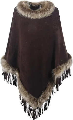 Womens Winter Coats Poncho Cape, Faux Fur Trim Knitted Cardigan Elegant Fringe Sweaters Shawl Striped Loose Fit Scarf